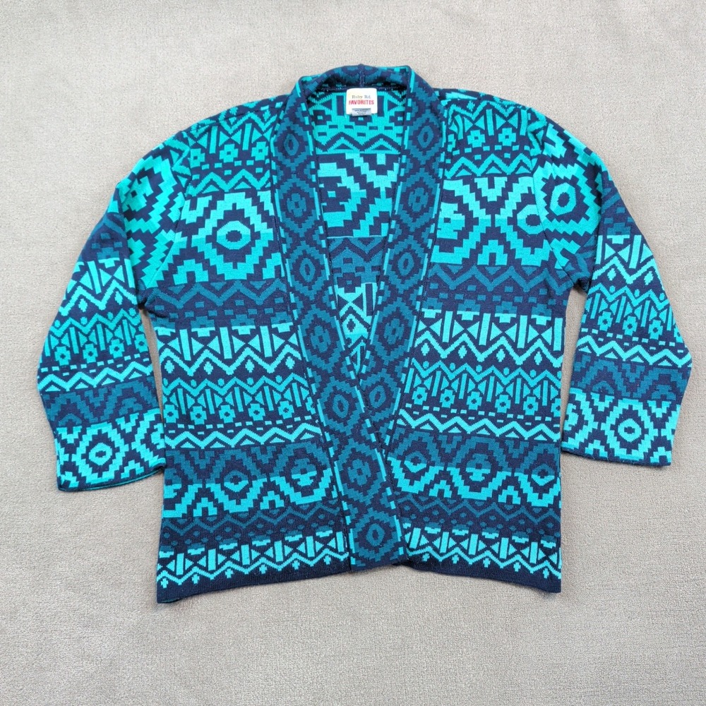 Ruby Rd Favorites Vintage PXL Petite Cardigan Teal Geometric Tribal Open Front
